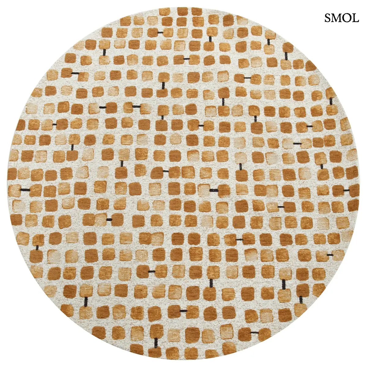 ECO RUG PEACH PARTY geometrikus szőnyeg arany-krém kombinációban, kerekített négyzetes mintával, fekete akcentusokkal, kerek formában