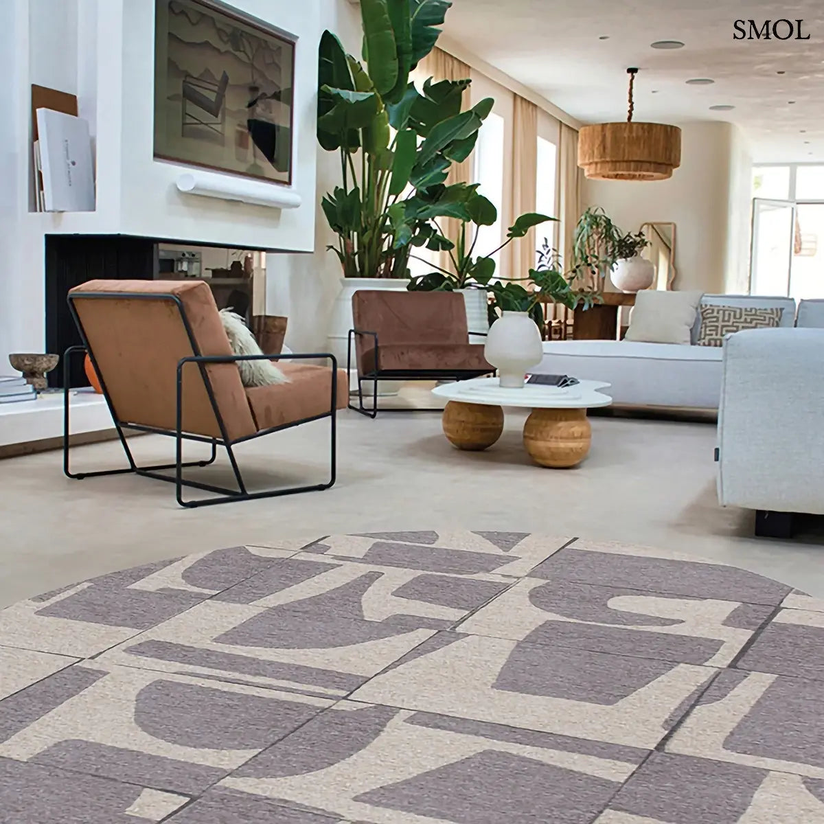 ECO RUG STRING barna-szürke geometrikus mintás szőnyeg, Bauhaus ihletésű, vágott formákból építkező minta, kerek formában, nappaliban