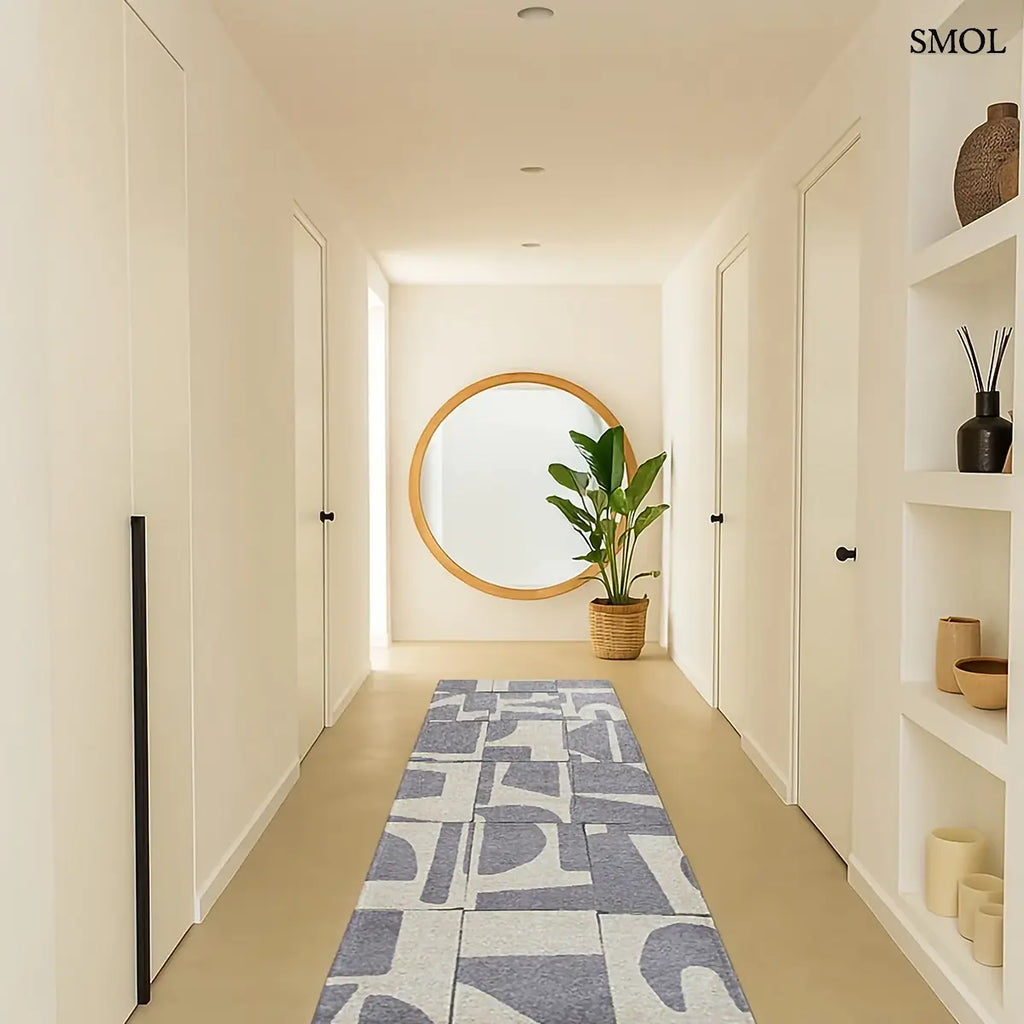 ECO RUG STRING barna-szürke geometrikus mintás szőnyeg, Bauhaus ihletésű, vágott formákból építkező minta, előszobában, futószőnyegként
