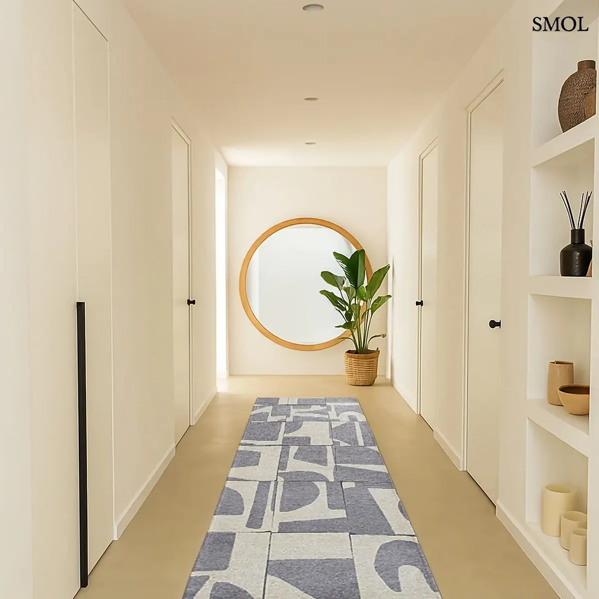 ECO RUG STRING barna-szürke geometrikus mintás szőnyeg, Bauhaus ihletésű, vágott formákból építkező minta, előszobában, futószőnyegként
