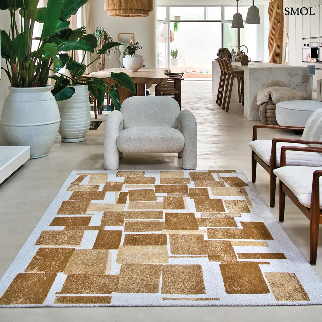 ECO RUG NUGGETS bézs-arany geometrikus szőnyeg bolyhos texturált felülettel, kubista kocka mintával, 5 mm, nappaliban