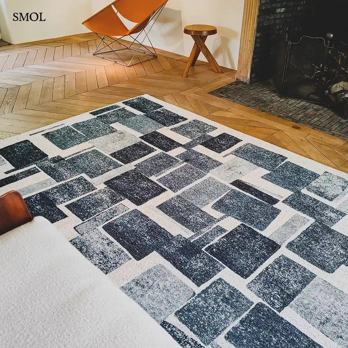 ECO RUG ICE BLUE jégkék geometrikus szőnyeg bouclette hatással, kubista kocka mintával, 5 mm, nappaliban
