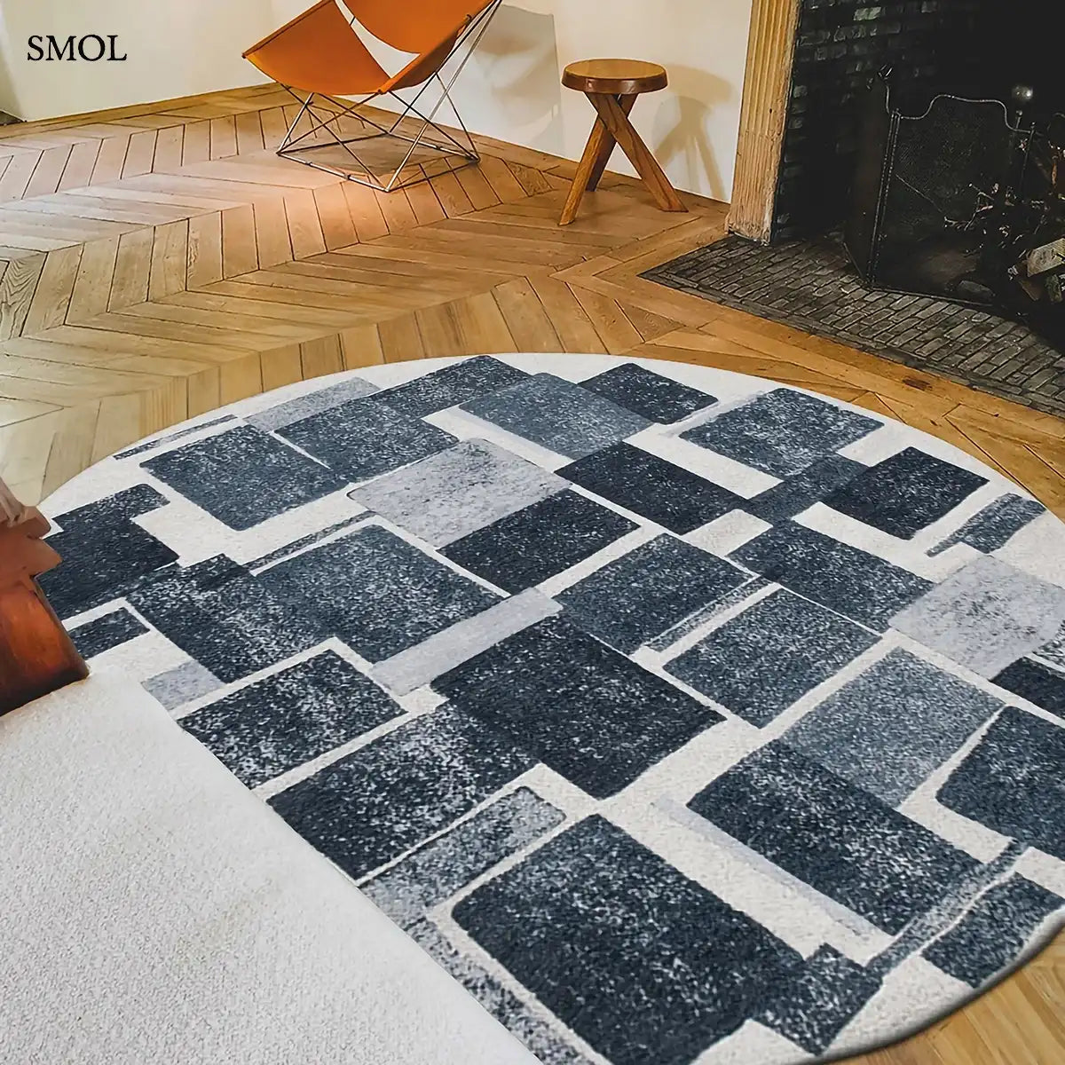 ECO RUG ICE BLUE jégkék geometrikus szőnyeg bouclette hatással, kubista kocka mintával, 5 mm, kerek formában, nappaliban