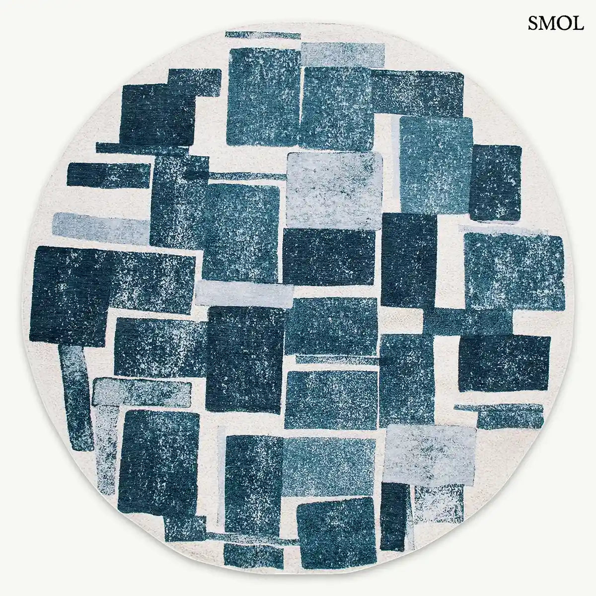 ECO RUG ICE BLUE jégkék geometrikus szőnyeg bouclette hatással, kubista kocka mintával, 5 mm, kerek formában, fehér háttérrel