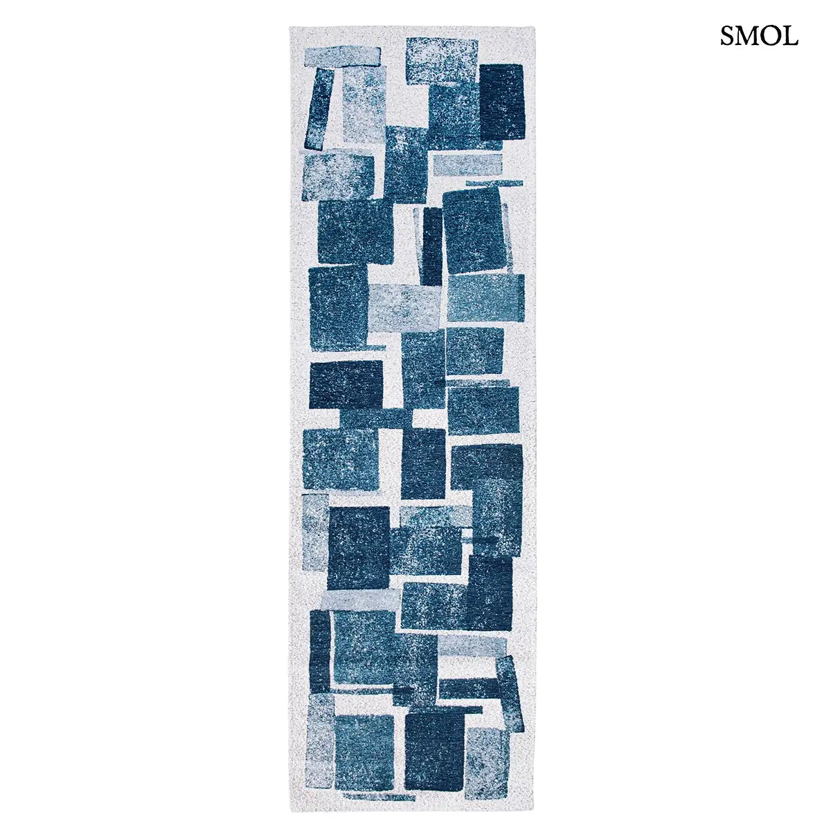 ECO RUG ICE BLUE jégkék geometrikus szőnyeg bouclette hatással, kubista kocka mintával, 5 mm, futó szőnyegként, fehér háttérrel