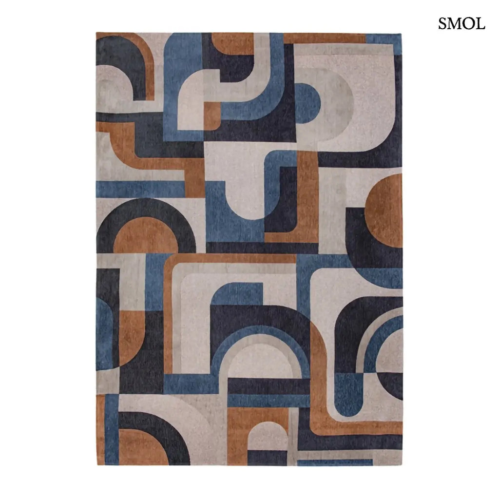 ECO RUG CAMEL BLUE geometrikus szőnyeg kék-barna kombinációban, mid-century mintával, fehér háttérrel