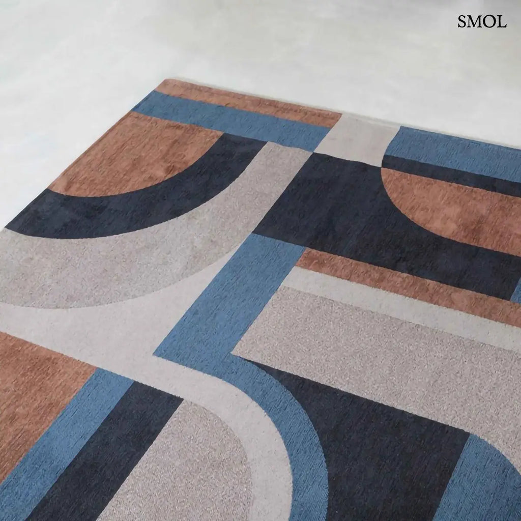 ECO RUG CAMEL BLUE geometrikus szőnyeg kék-barna kombinációban, mid-century mintával,  sarok nagyítva