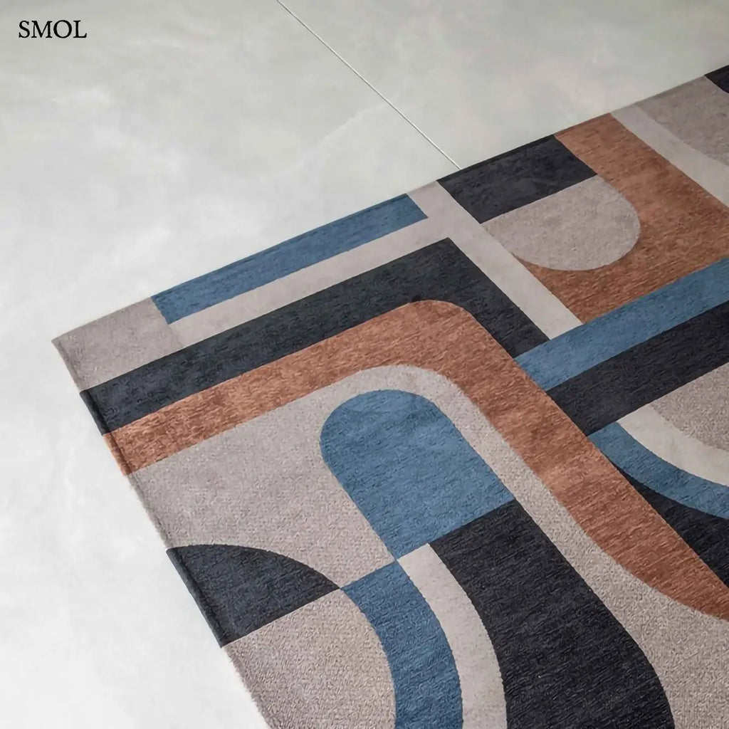 ECO RUG CAMEL BLUE geometrikus szőnyeg kék-barna kombinációban, mid-century mintával, sarok mintával