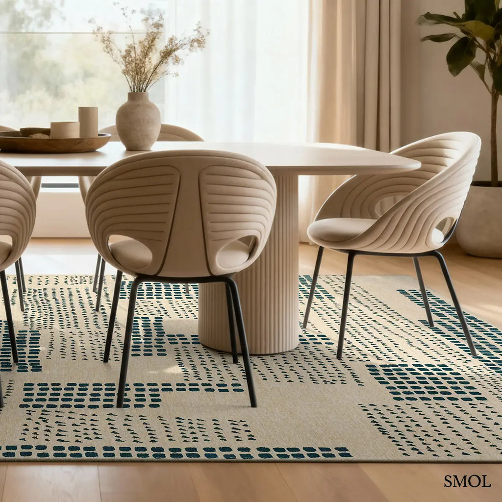 ECO RUG SCOTS PINE geometrikus szőnyeg kék-bézs kombinációban, lapos szövés, 3 mm – kül- és beltéri, étkezőben, székek alatt