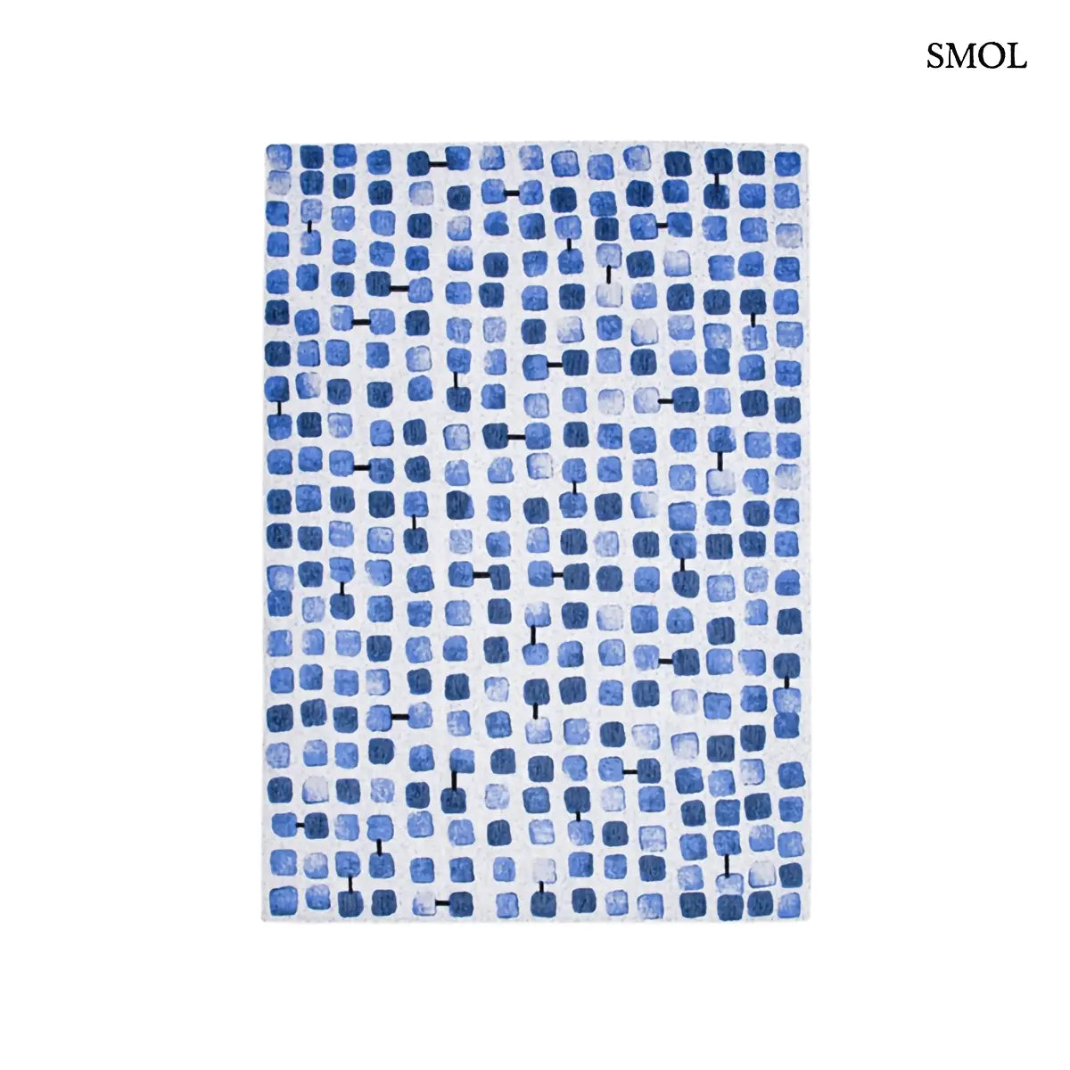 ECO RUG AMPARO BLUES geometrikus szőnyeg kék-fehér kombinációban, kerekített négyzetes mintával, fekete akcentusokkal, fehér háttérrel