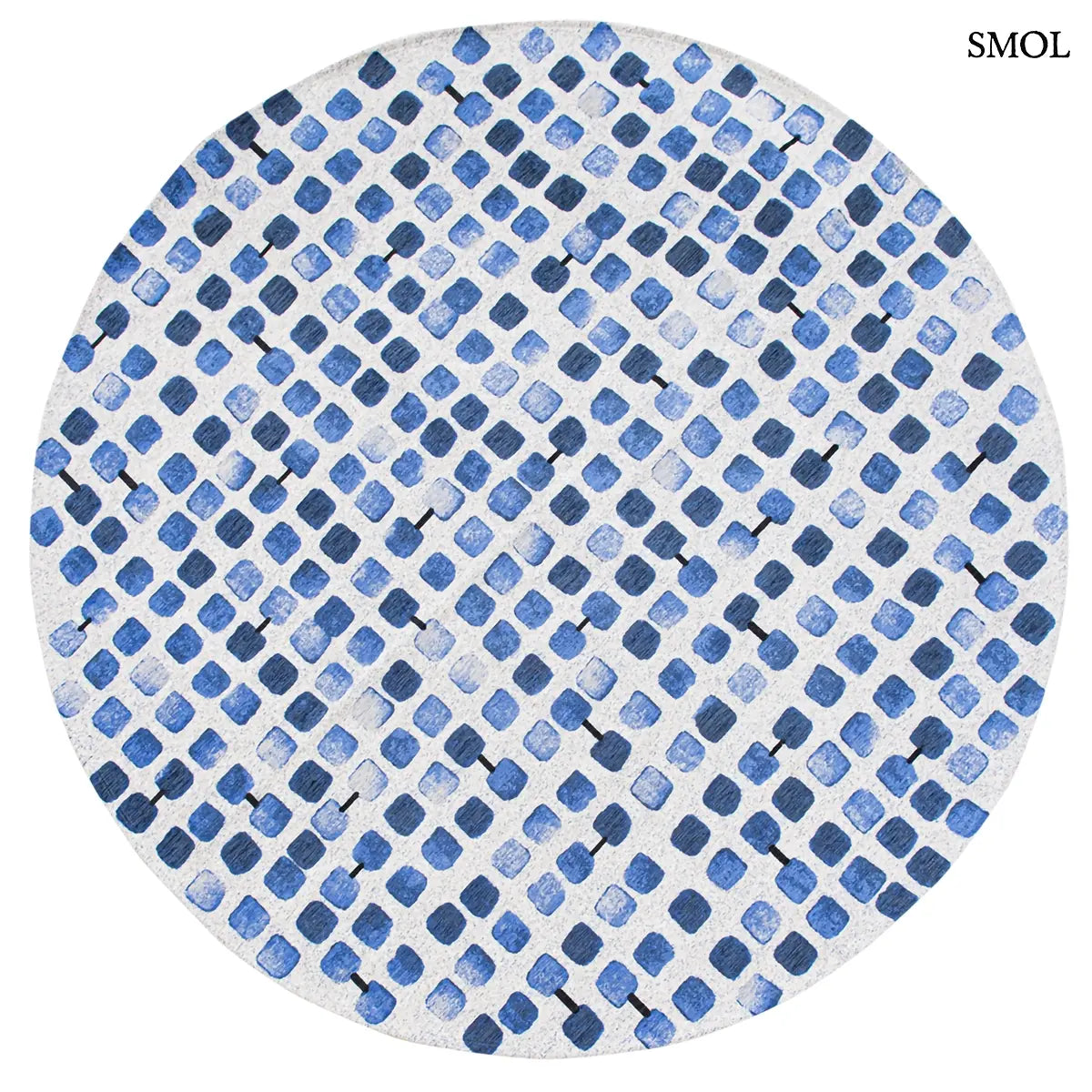 ECO RUG AMPARO BLUES geometrikus szőnyeg kék-fehér kombinációban, kerekített négyzetes mintával, fekete akcentusokkal, kerek formában