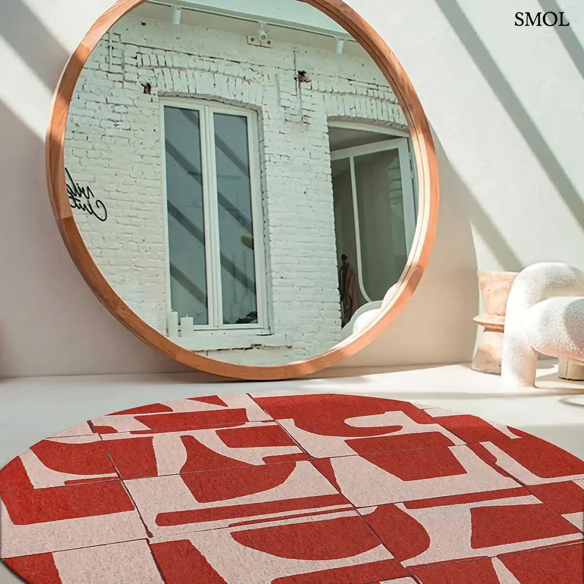 ECO RUG RUST piros geometrikus mintás szőnyeg, kerek formában, nappaliban