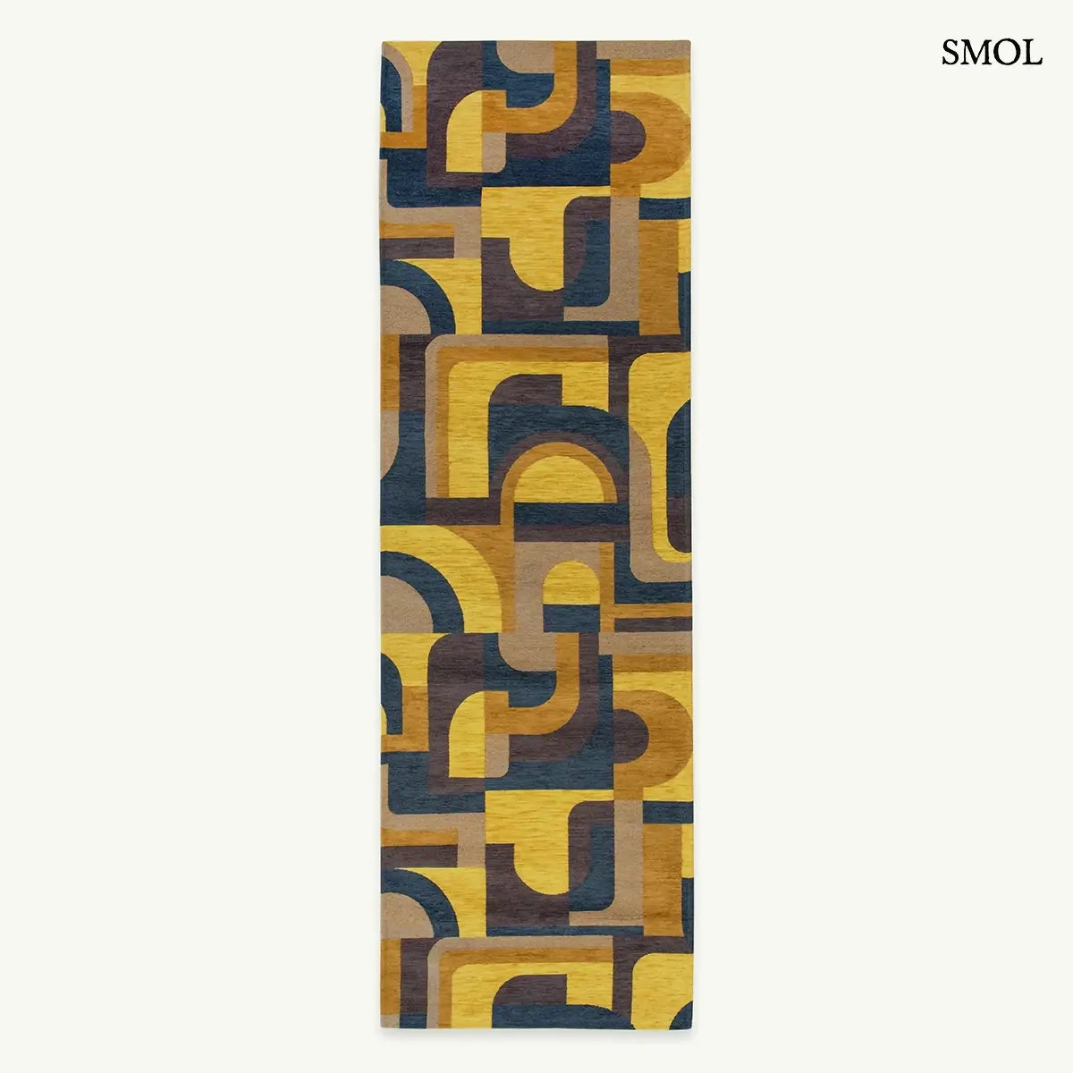 ECO RUG YELLOW MEYER sárga geometrikus szőnyeg modernista aszimmetrikus formákkal, lapos szövés, 3 mm – kül- és beltéri, futószőnyegként, fehér háttérrel
