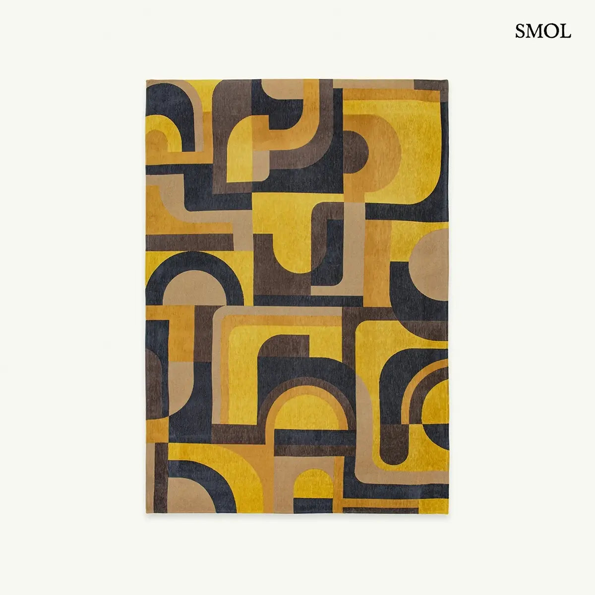 ECO RUG YELLOW MEYER sárga geometrikus szőnyeg modernista aszimmetrikus formákkal, lapos szövés, 3 mm – kül- és beltéri, fehér háttérrel