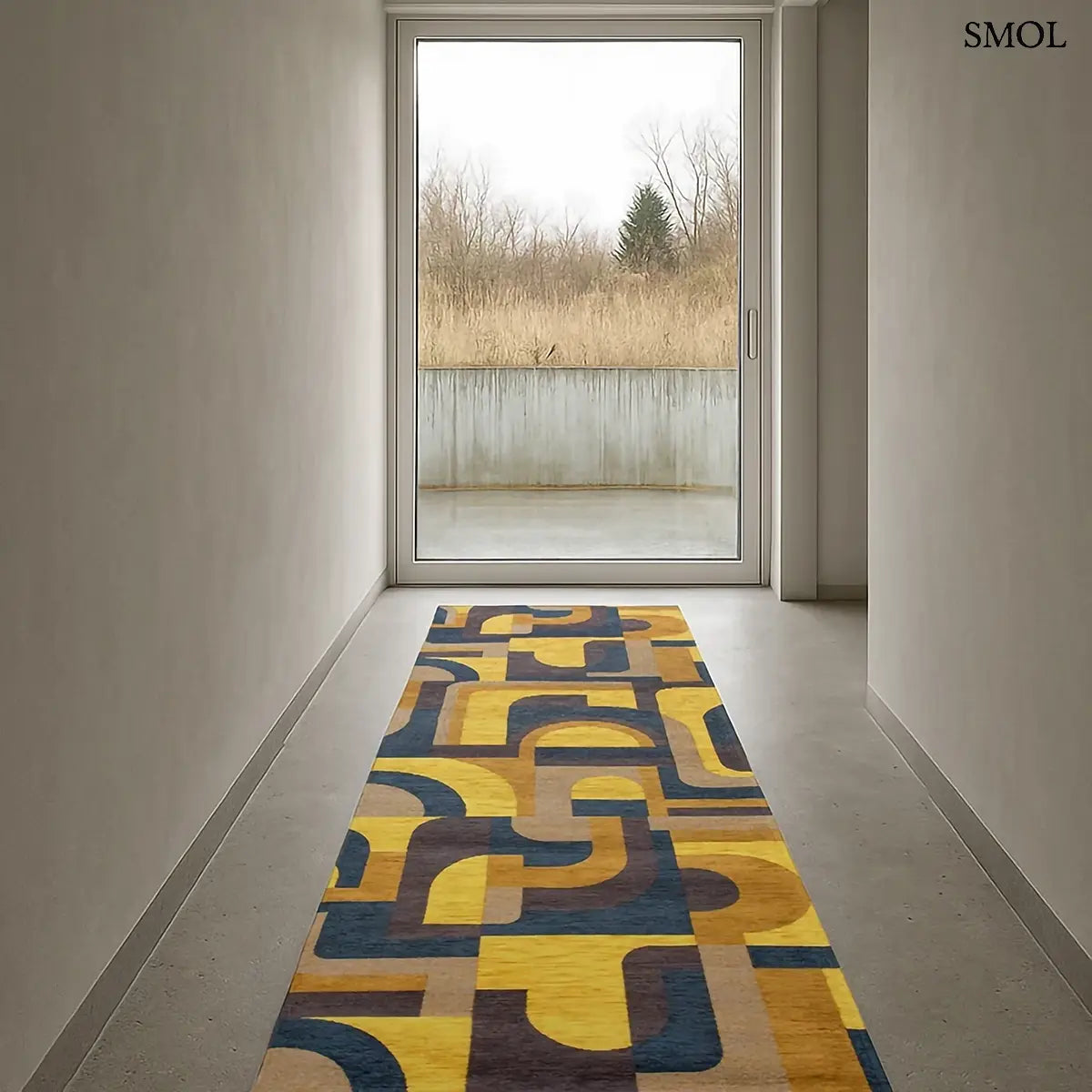 ECO RUG YELLOW MEYER sárga geometrikus szőnyeg modernista aszimmetrikus formákkal, lapos szövés, 3 mm – kül- és beltéri, előszobában, futószőnyegként