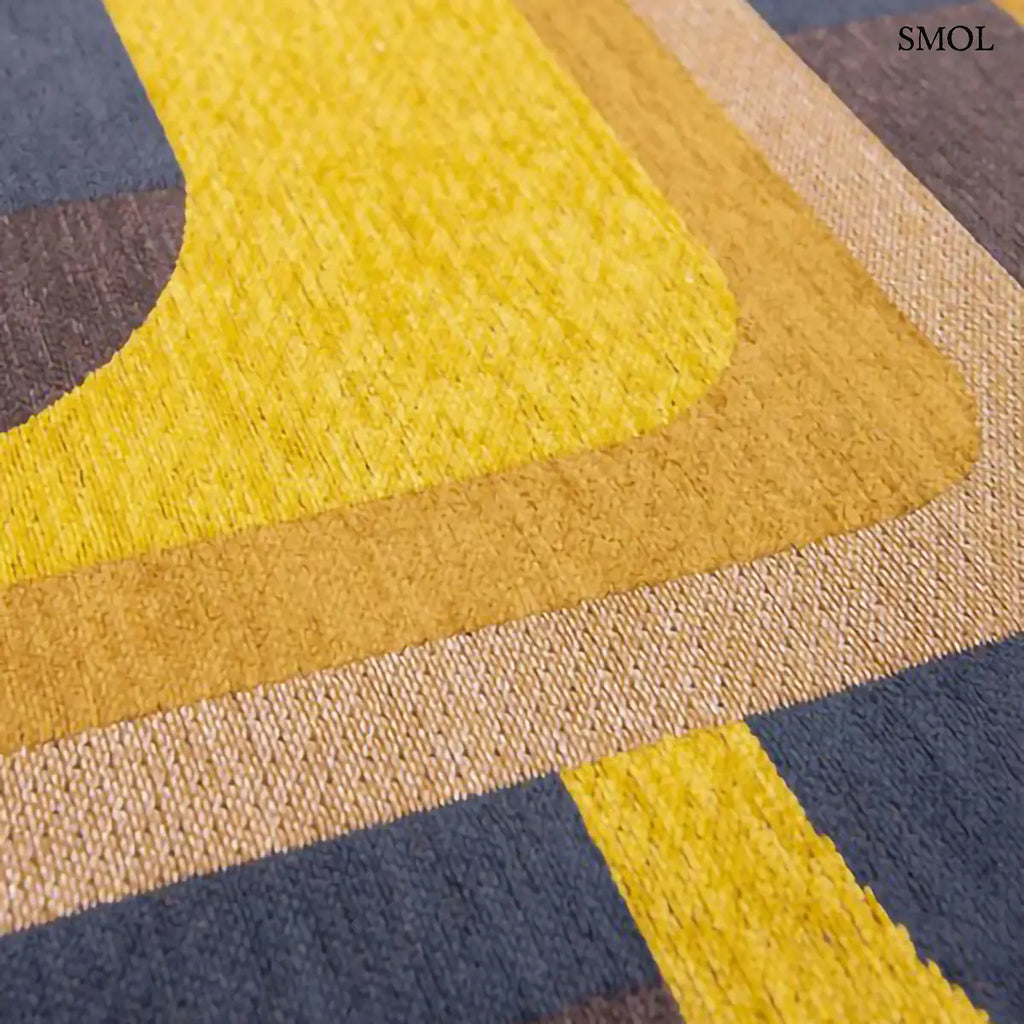 ECO RUG YELLOW MEYER sárga geometrikus szőnyeg modernista aszimmetrikus formákkal, lapos szövés, 3 mm – kül- és beltéri, minta nagyítva