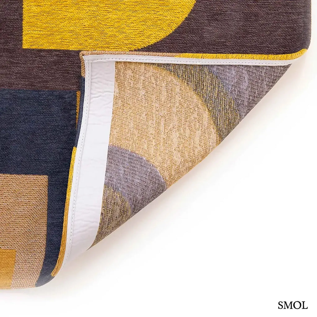 ECO RUG YELLOW MEYER sárga geometrikus szőnyeg modernista aszimmetrikus formákkal, lapos szövés, 3 mm – kül- és beltéri, felhajtott sarokkal
