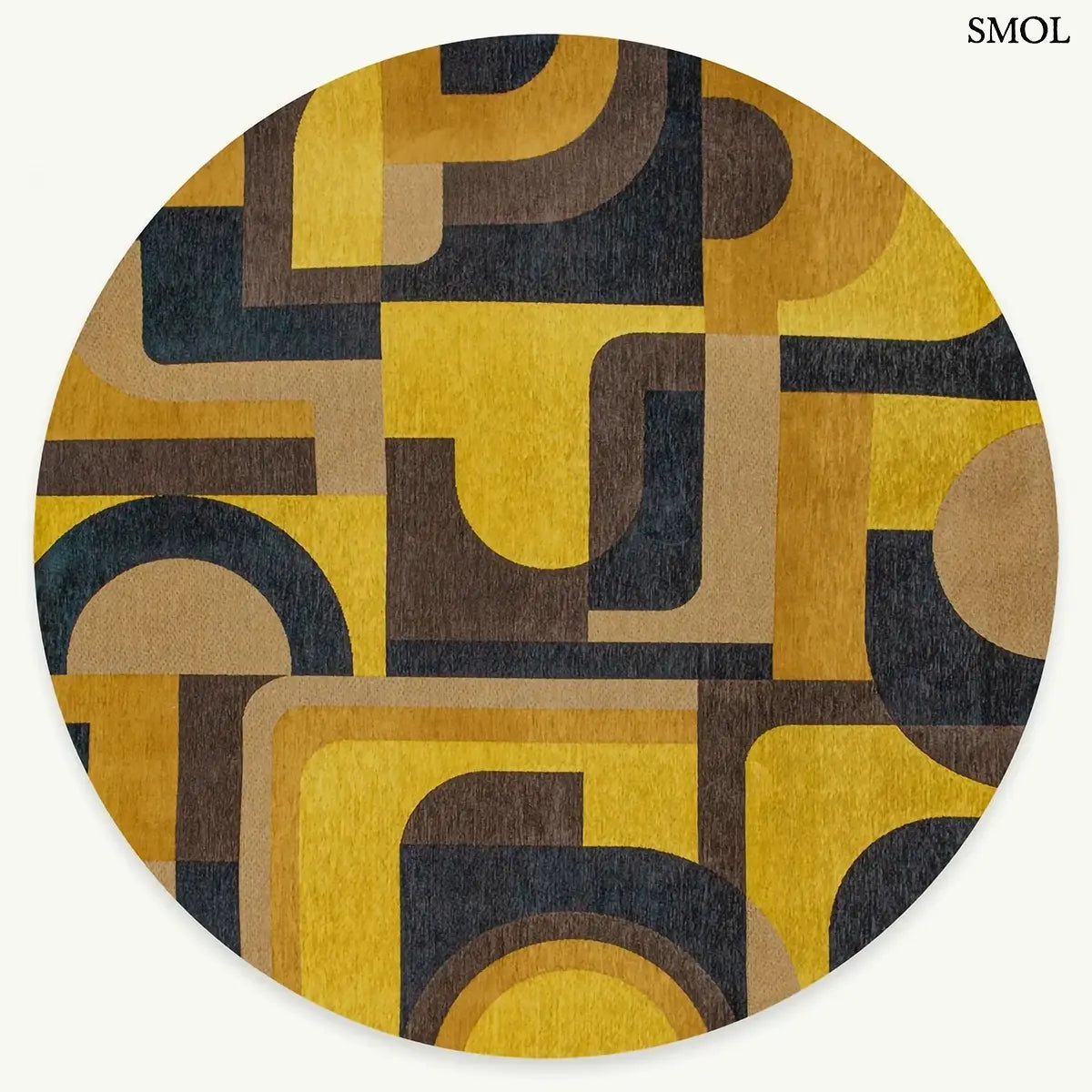 ECO RUG YELLOW MEYER sárga geometrikus szőnyeg modernista aszimmetrikus formákkal, lapos szövés, 3 mm – kül- és beltéri, kerek formában, fehér háttérrel