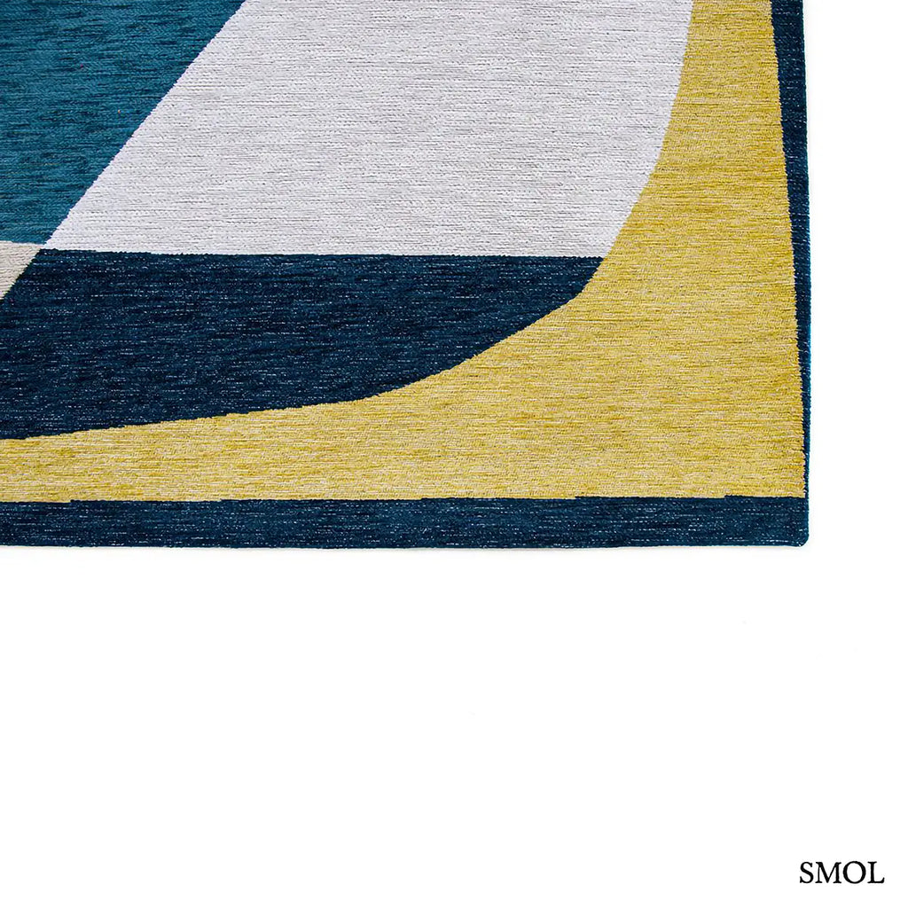 ECO RUG DUCK SONG sokszínű geometrikus szőnyeg absztrakt összefonódó formákkal, szegély nagyítva