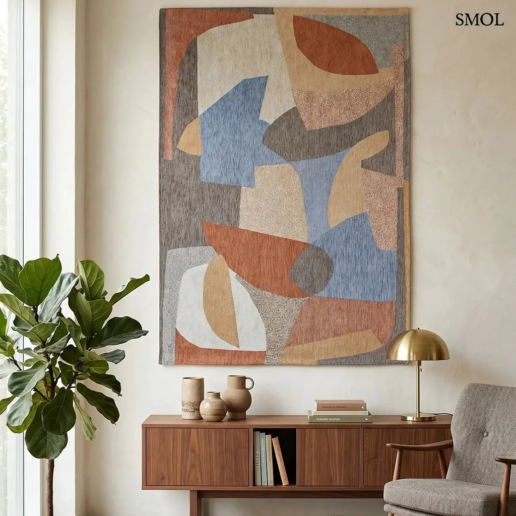 ECO RUG SECRET sokszínű geometrikus szőnyeg összefonódó formákkal, lapos szövés, 3 mm – kül- és beltéri, nappaliban, falon