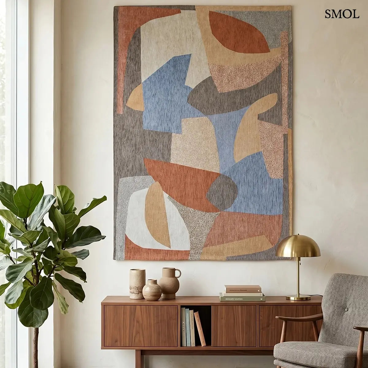 ECO RUG SECRET sokszínű geometrikus szőnyeg összefonódó formákkal, lapos szövés, 3 mm – kül- és beltéri, nappaliban, falon