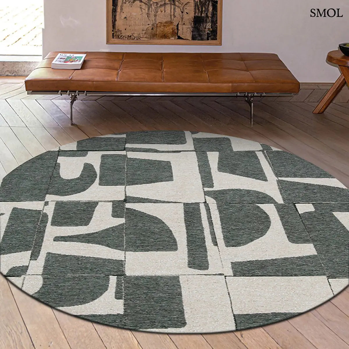 ECO RUG SEA SPRAY geometrikus szőnyeg szürkészöld-krém kombinációban, Bauhaus ihlette papírvágás mintával, paddal, kerek formában
