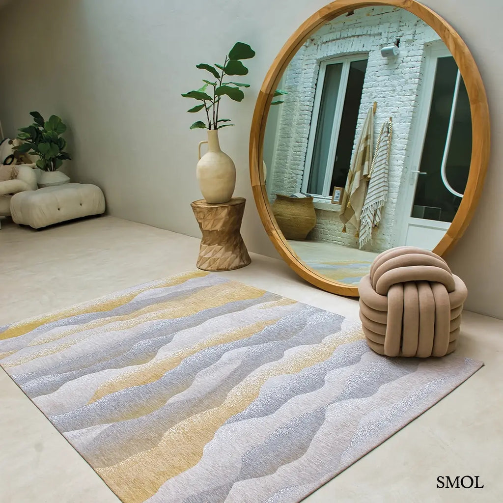 ECO RUG SUMMER bézs-szürke himalájai tájkép mintás szőnyeg, lapos szövés, 3 mm – kül- és beltéri, nagy tükörrel