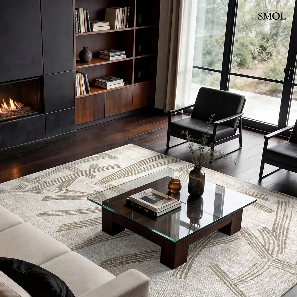 ECO RUG DUNE kalligráfia mintás szőnyeg krém alapon taupe ecsetvonásos mintával, nappaliban