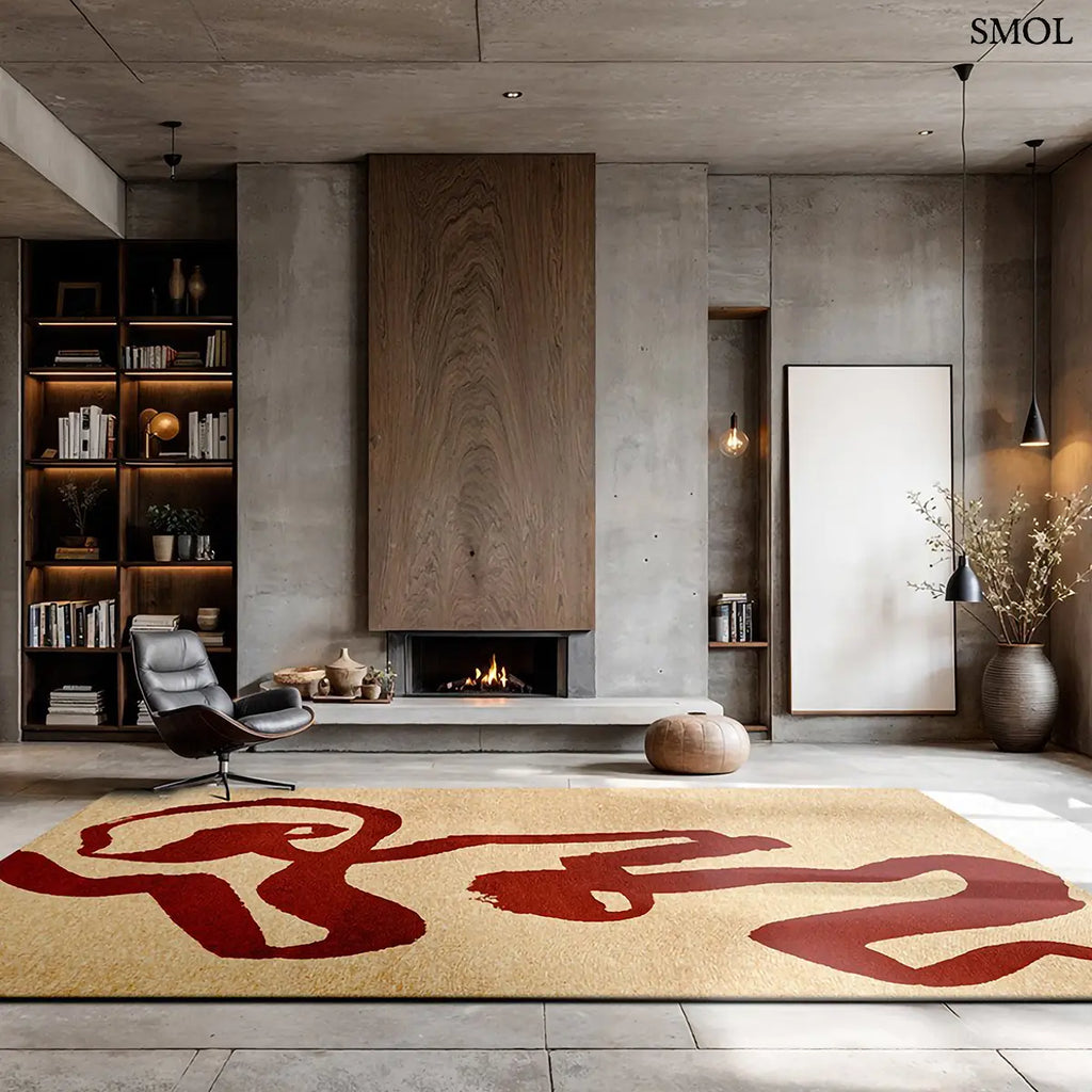 ECO RUG IMPERIAL RED piros kalligráfia szőnyeg bézs alapon fluid szalagszerű vonalakkal, lapos szövés, 3 mm – kül- és beltéri, nappaliban