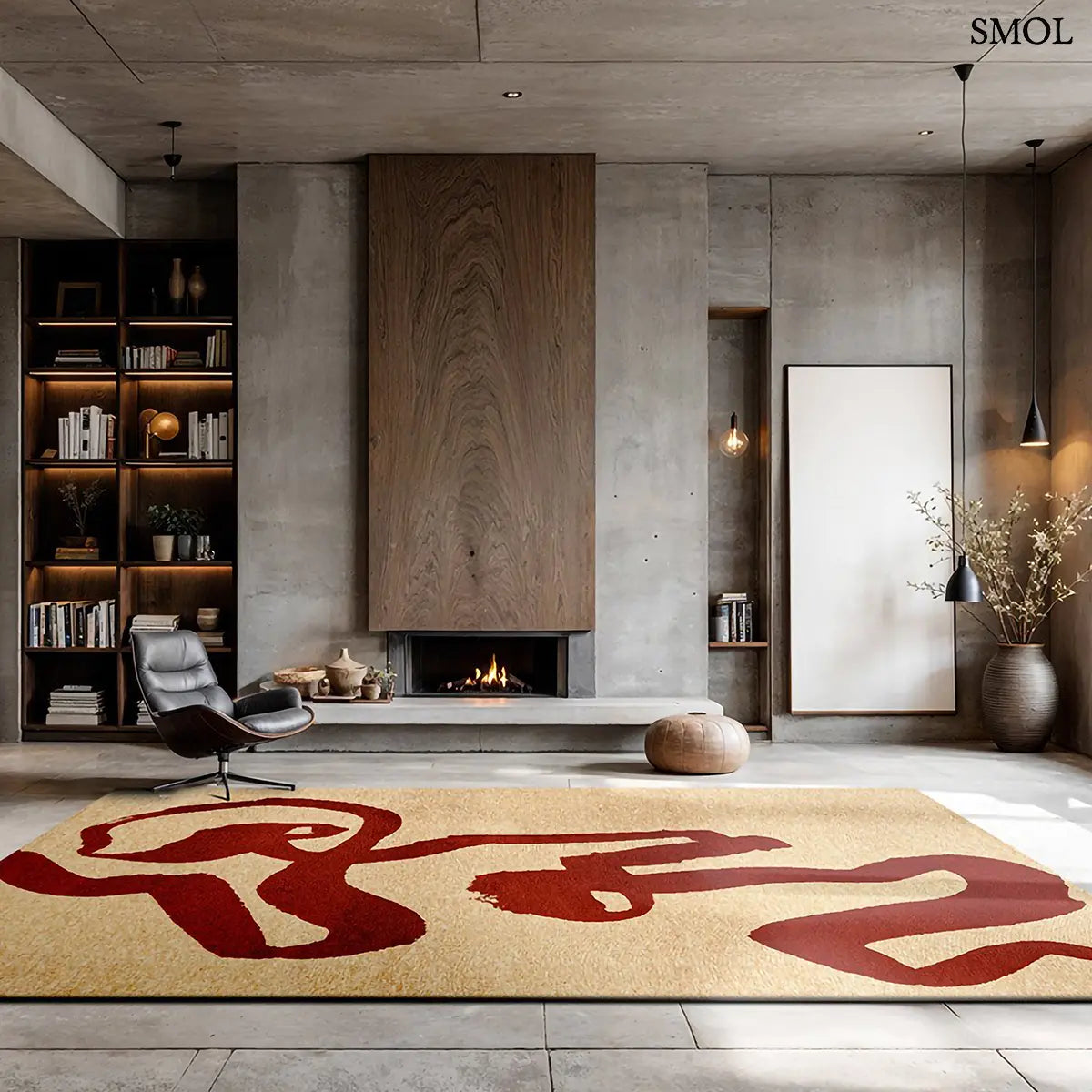 ECO RUG IMPERIAL RED piros kalligráfia szőnyeg bézs alapon fluid szalagszerű vonalakkal, lapos szövés, 3 mm – kül- és beltéri, nappaliban