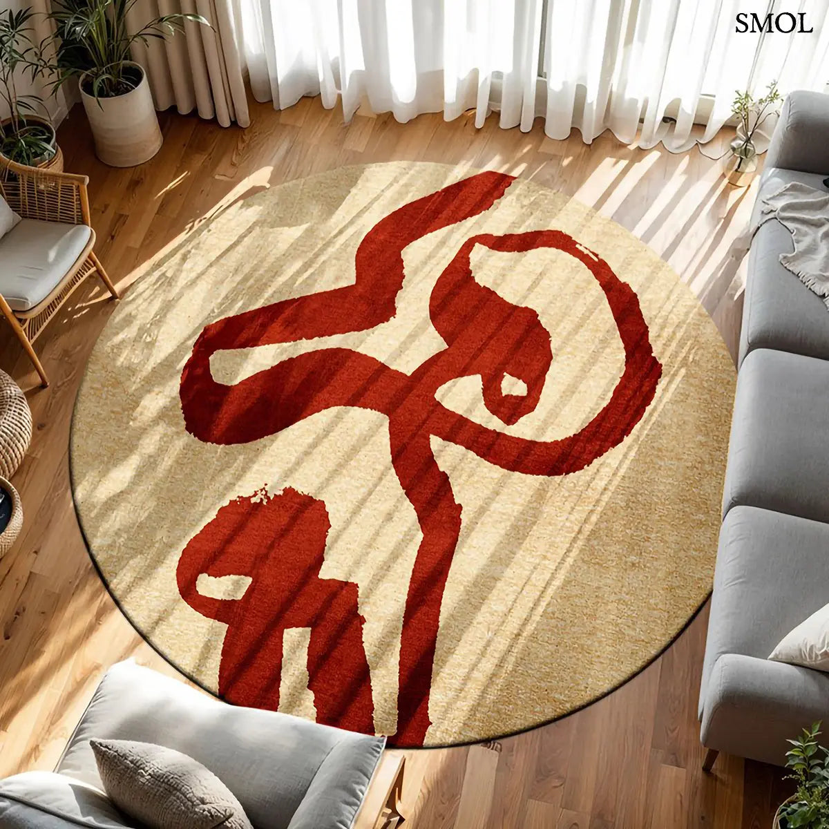ECO RUG IMPERIAL RED piros kalligráfia szőnyeg bézs alapon fluid szalagszerű vonalakkal, lapos szövés, 3 mm – kül- és beltéri, kerek formában, nappaliban