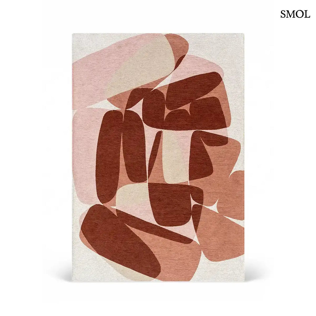 ECO RUG CHERRY MOCHA terrakotta kavics mintás szőnyeg, rétegzett áttetsző forma, fehér háttérrel