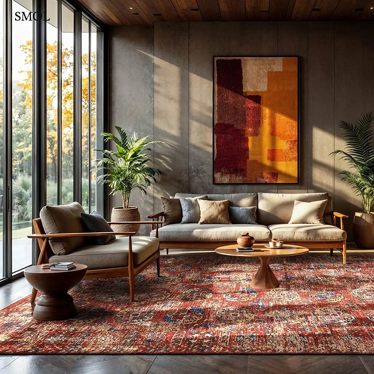 ECO RUG AKSOU kazah mintás szőnyeg téglavörös alapon körös medallion mintával, kék és mustár akcentusokkal, koptatott hatással, nappaliban