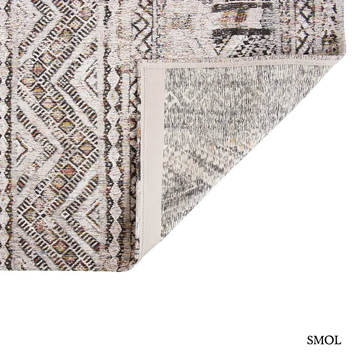 xECO RUG MEDINA WHITE kilim mintás szőnyeg fehér alapon szürke-barna halvány geometrikus mintával, felhajtott sarokkal