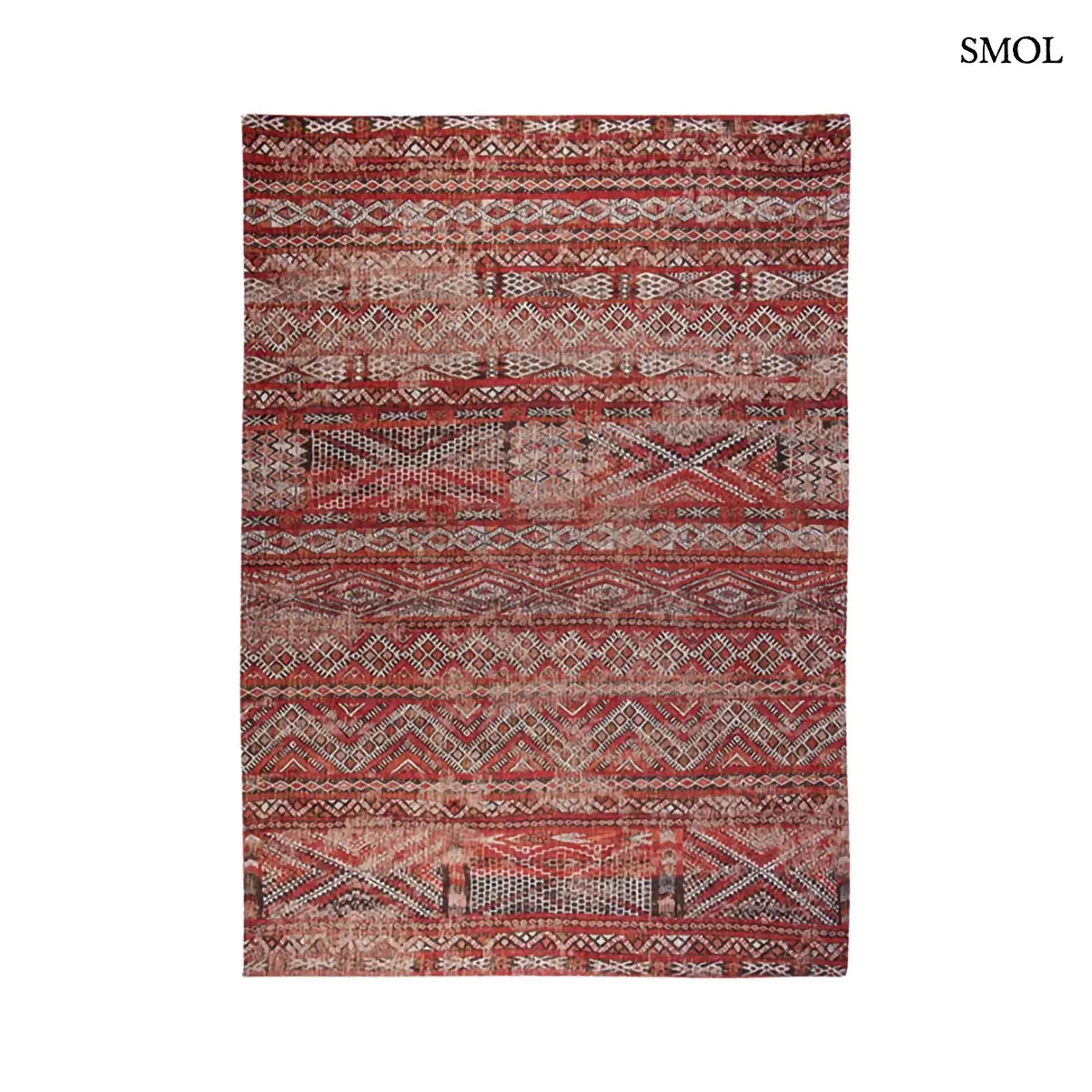 ECO RUG FEZ RED kilim mintás szőnyeg piros-barna kombinációban, marokkói geometrikus mintával, koptatott hatással, fehér háttérrel