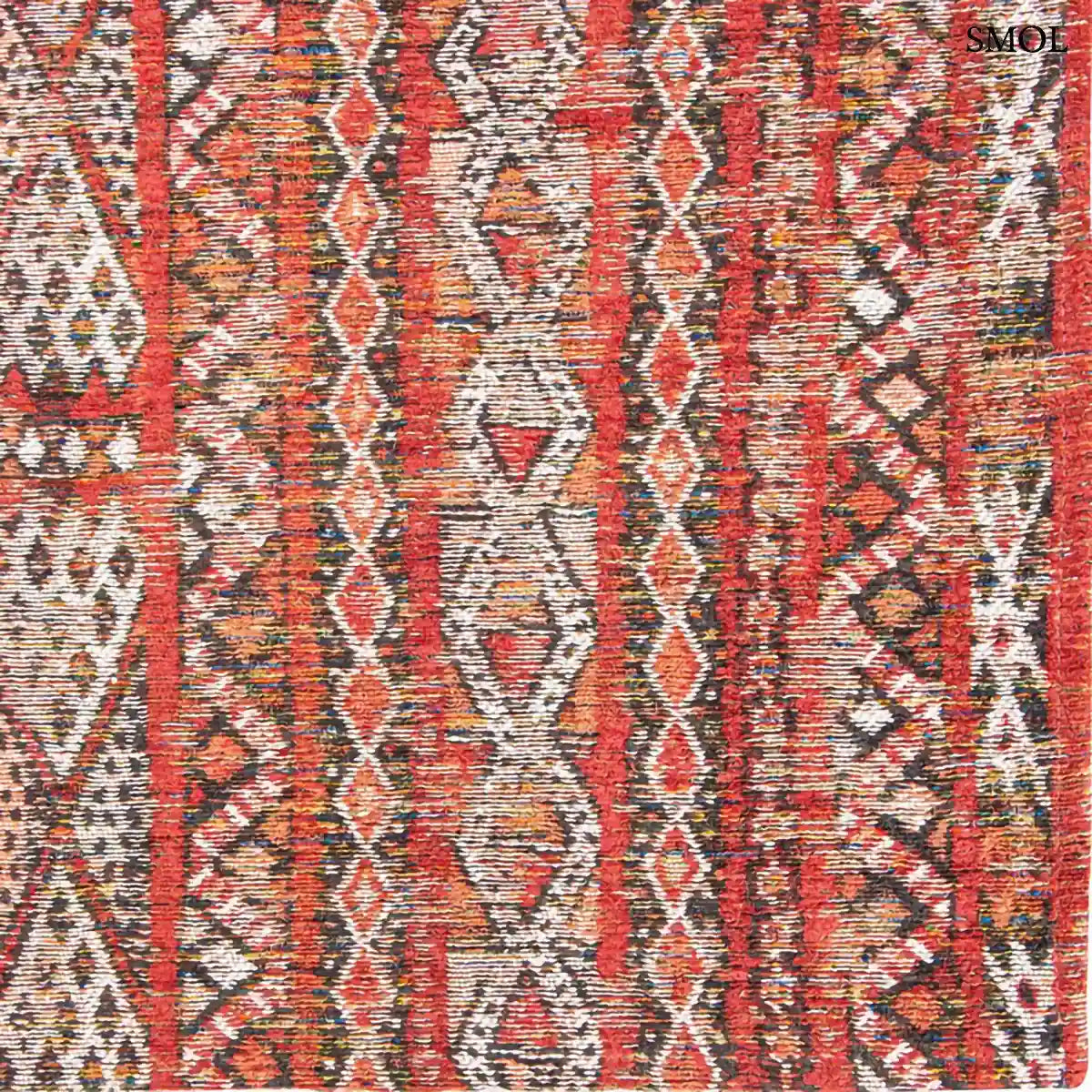 ECO RUG FEZ RED kilim mintás szőnyeg piros-barna kombinációban, marokkói geometrikus mintával, koptatott hatással, minta nagyítva
