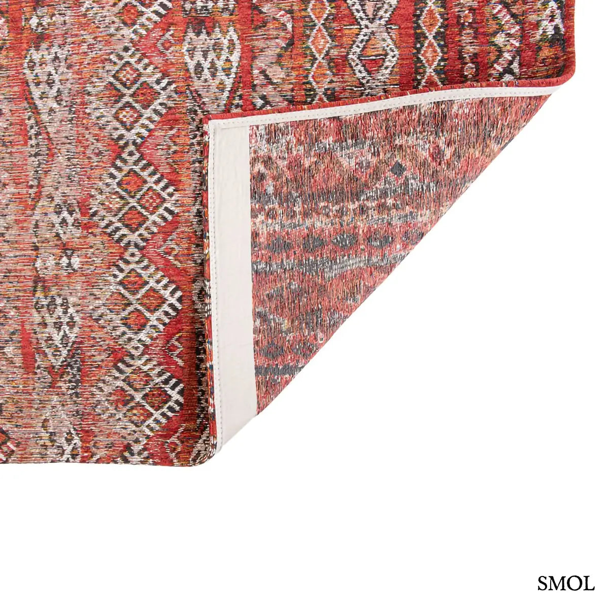 ECO RUG FEZ RED kilim mintás szőnyeg piros-barna kombinációban, marokkói geometrikus mintával, koptatott hatással, felhajtott sarokkal