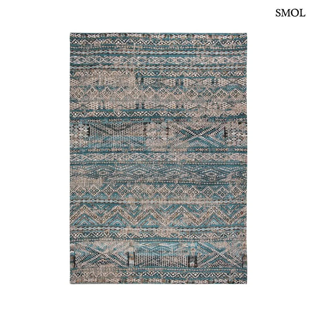 ECO RUG ZEMMURI BLUE kilim mintás szőnyeg türkiz-bézs kombinációban, marokkói geometrikus mintával, koptatott hatással, fehér háttérrel