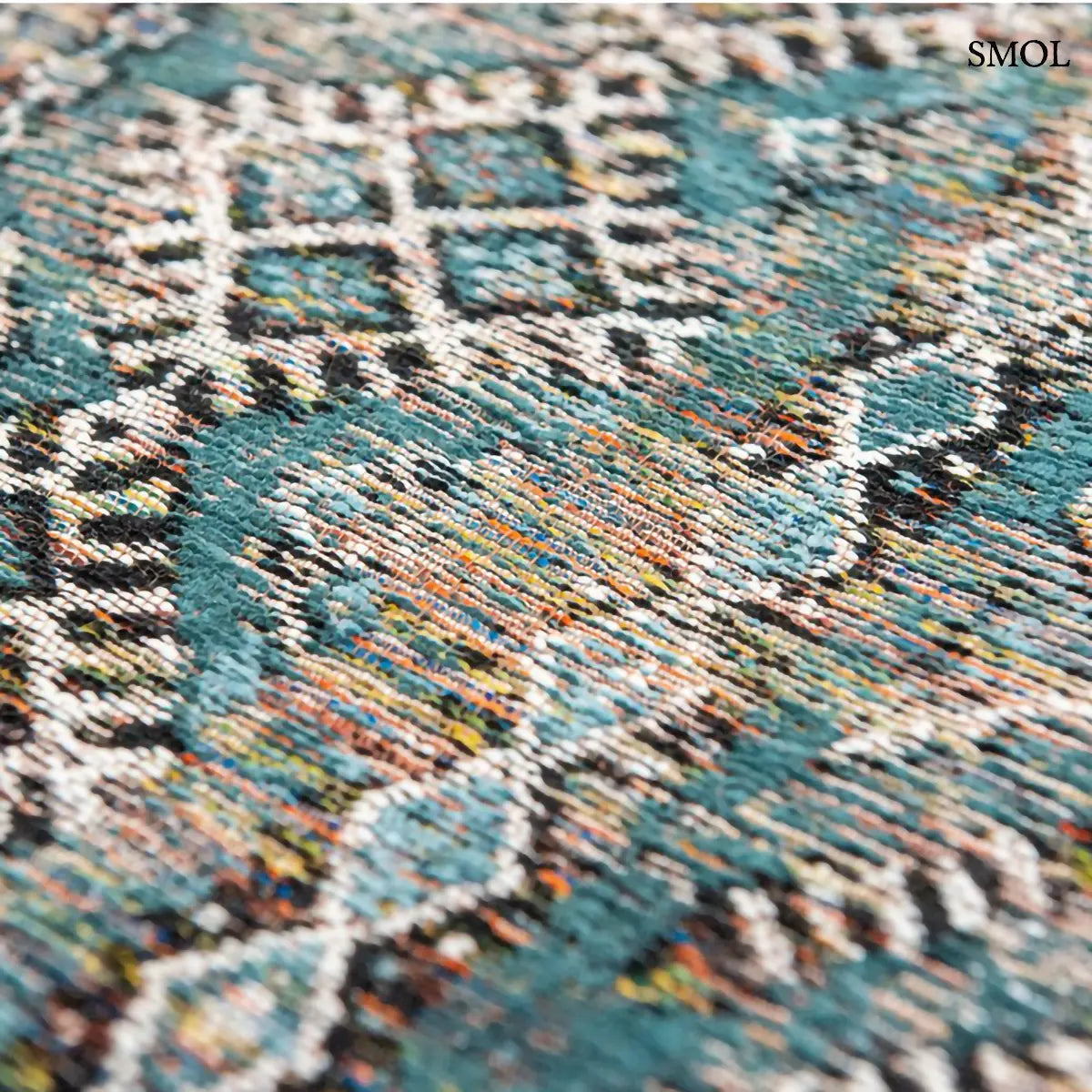 ECO RUG ZEMMURI BLUE kilim mintás szőnyeg türkiz-bézs kombinációban, marokkói geometrikus mintával, koptatott hatással, minta nagyítva