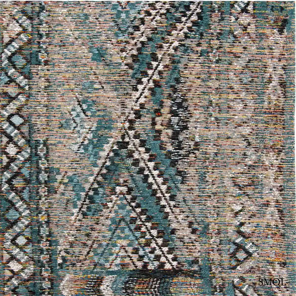 ECO RUG ZEMMURI BLUE kilim mintás szőnyeg türkiz-bézs kombinációban, marokkói geometrikus mintával, koptatott hatással, minta felülről