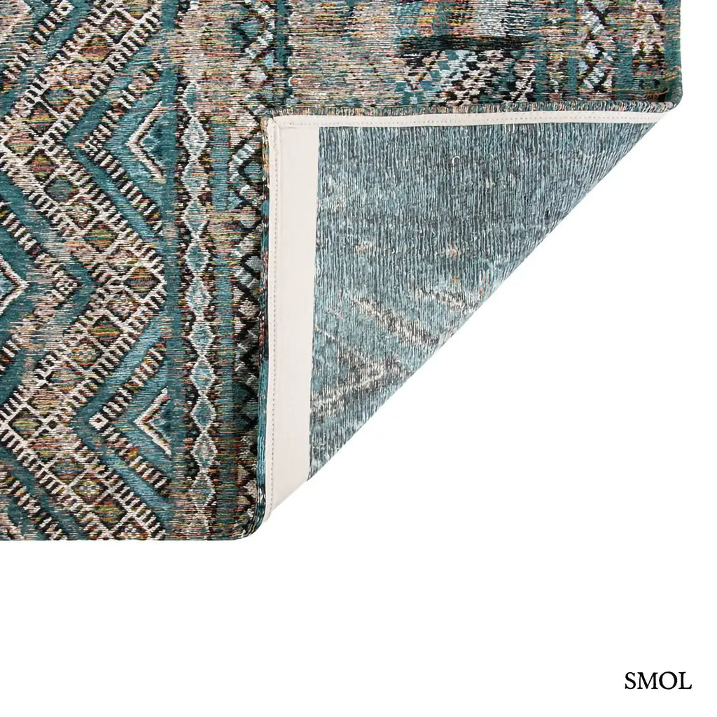 ECO RUG ZEMMURI BLUE kilim mintás szőnyeg türkiz-bézs kombinációban, marokkói geometrikus mintával, koptatott hatással, felhajtott sarokkal