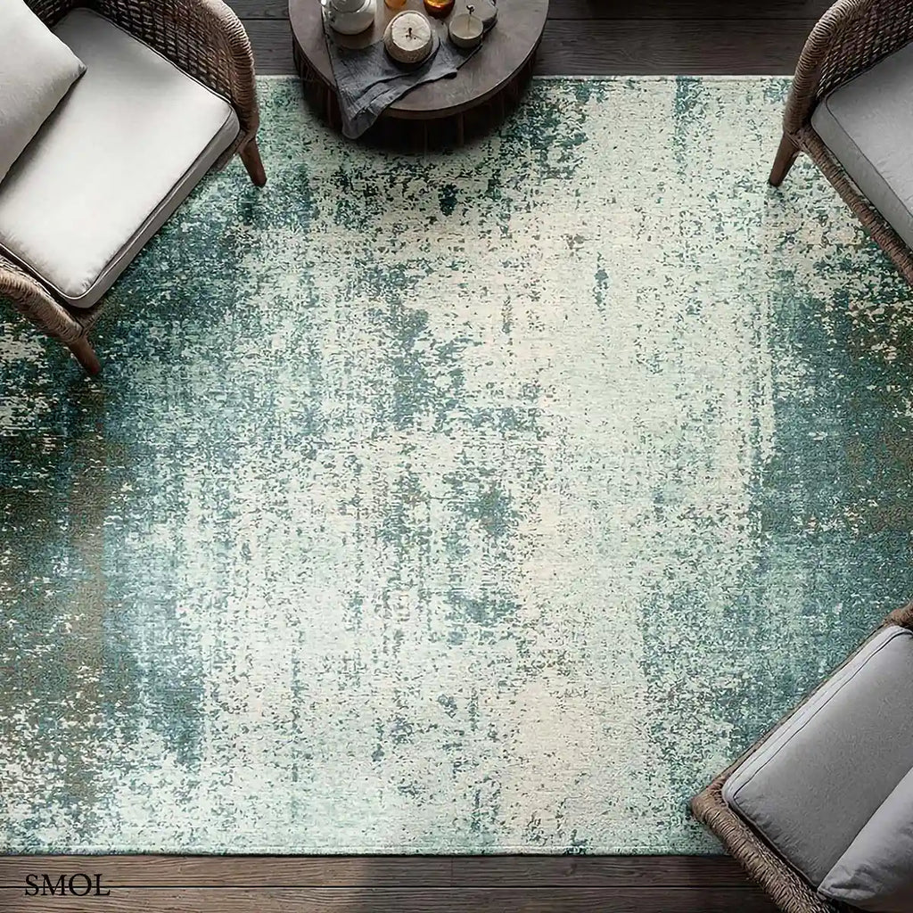 ECO RUG NEPTUNE mélykék kráteres mintás szőnyeg, nappaliban