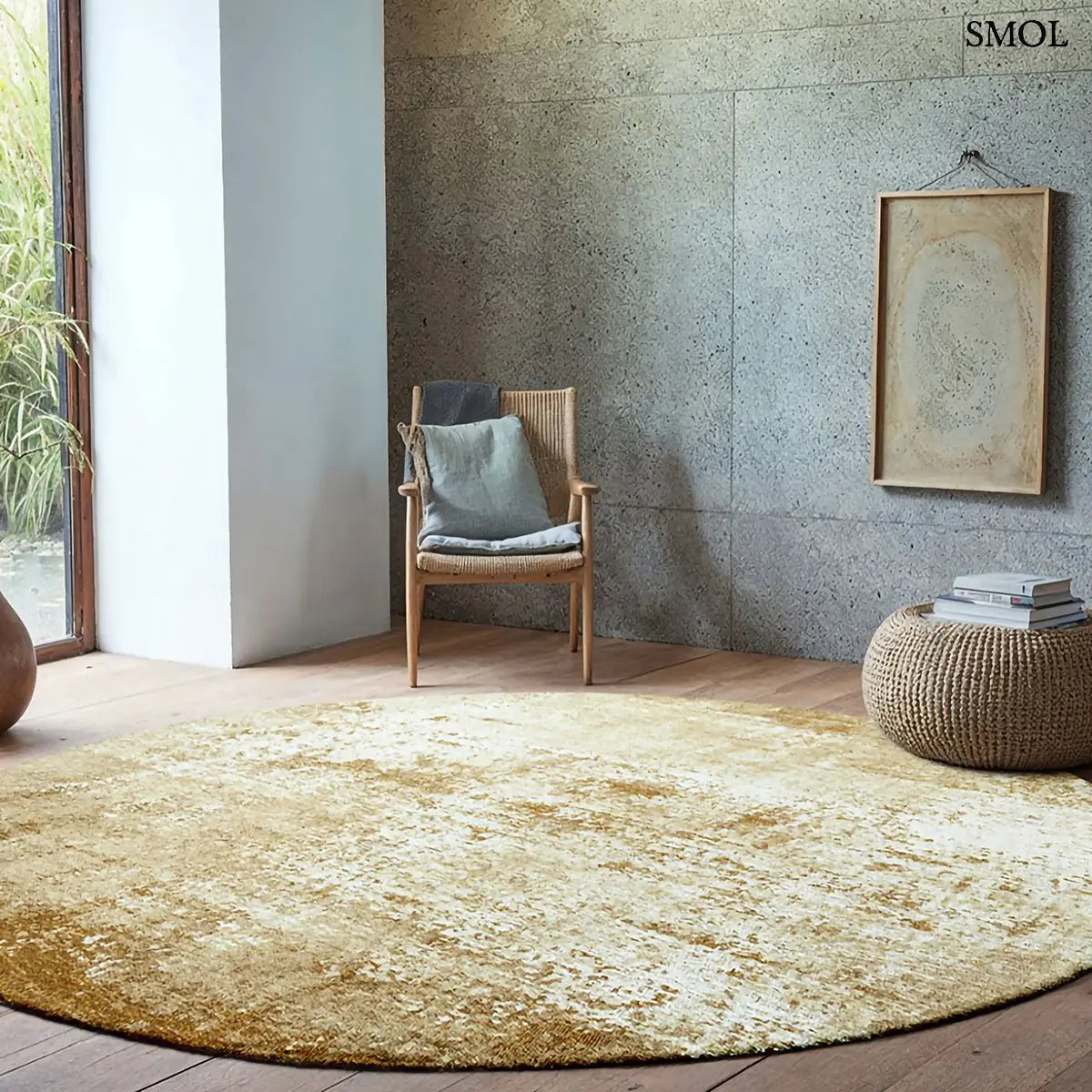 ECO RUG MERCURY meleg sárga kráteres mintás szőnyeg, kerek formában, nappaliban