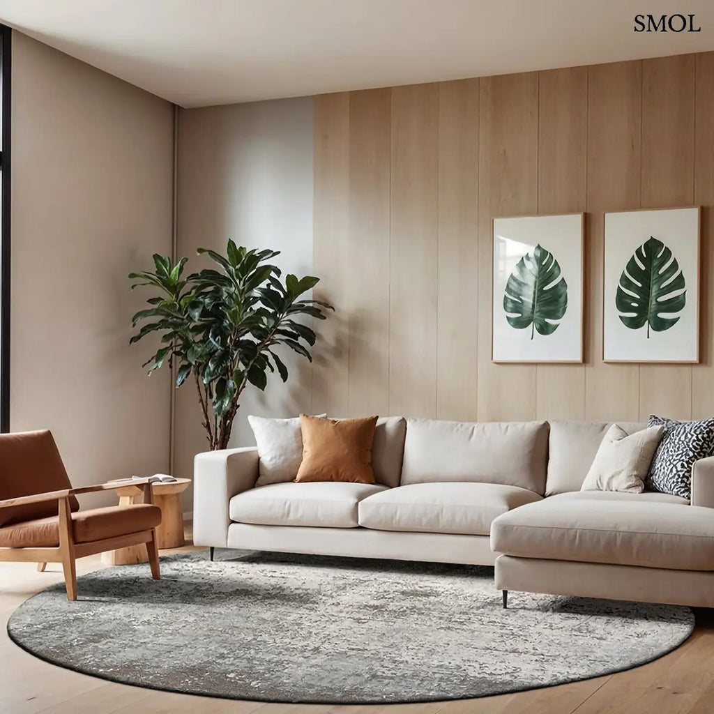 ECO RUG VENUS puha szürke kráteres mintás szőnyeg, kerek formában, nappaliban, kanapé előtt