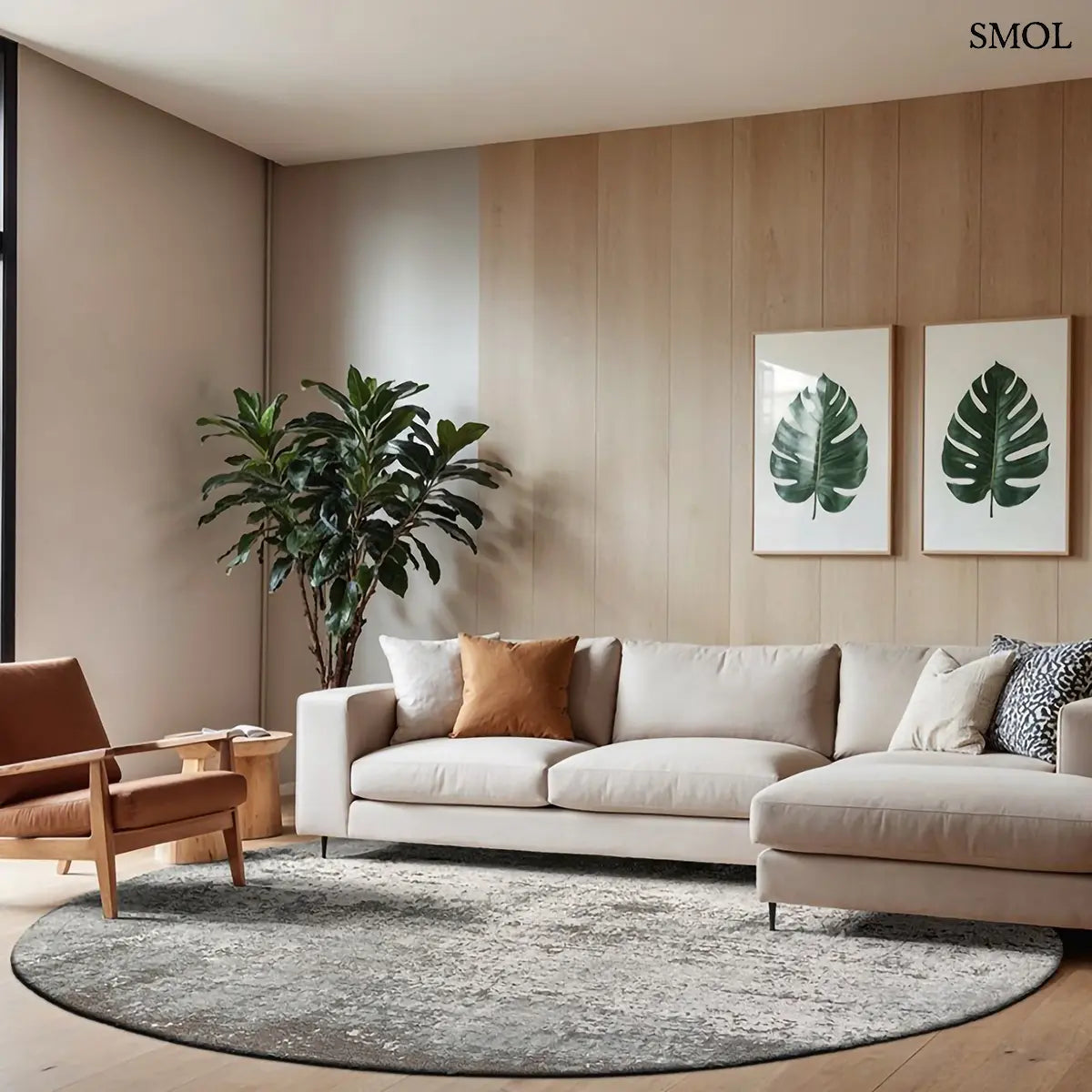 ECO RUG VENUS puha szürke kráteres mintás szőnyeg, kerek formában, nappaliban, kanapé előtt