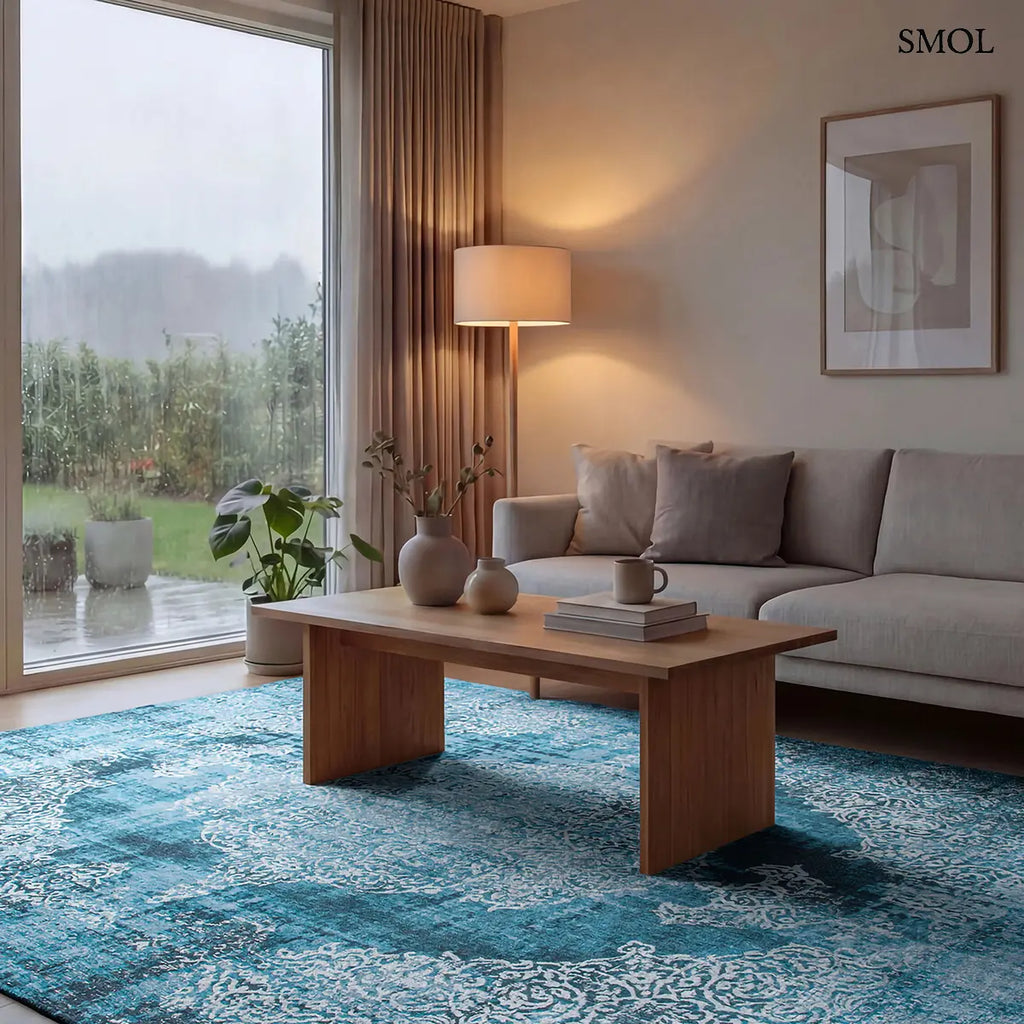 ECO RUG STORM medaillon mintás szőnyeg kék tónusokban, vintage hatással, foltos vízfestmény felülettel, nappaliban, dohányzóasztallal