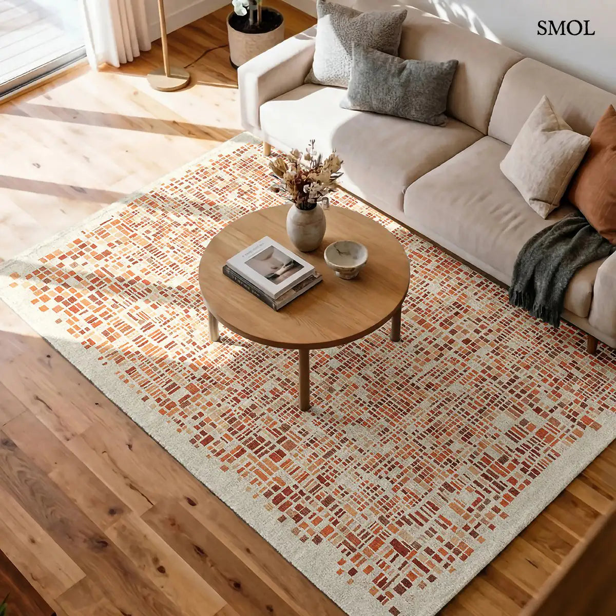 ECO RUG PUMPKIN narancs mozaikos mintás szőnyeg, nappaliban