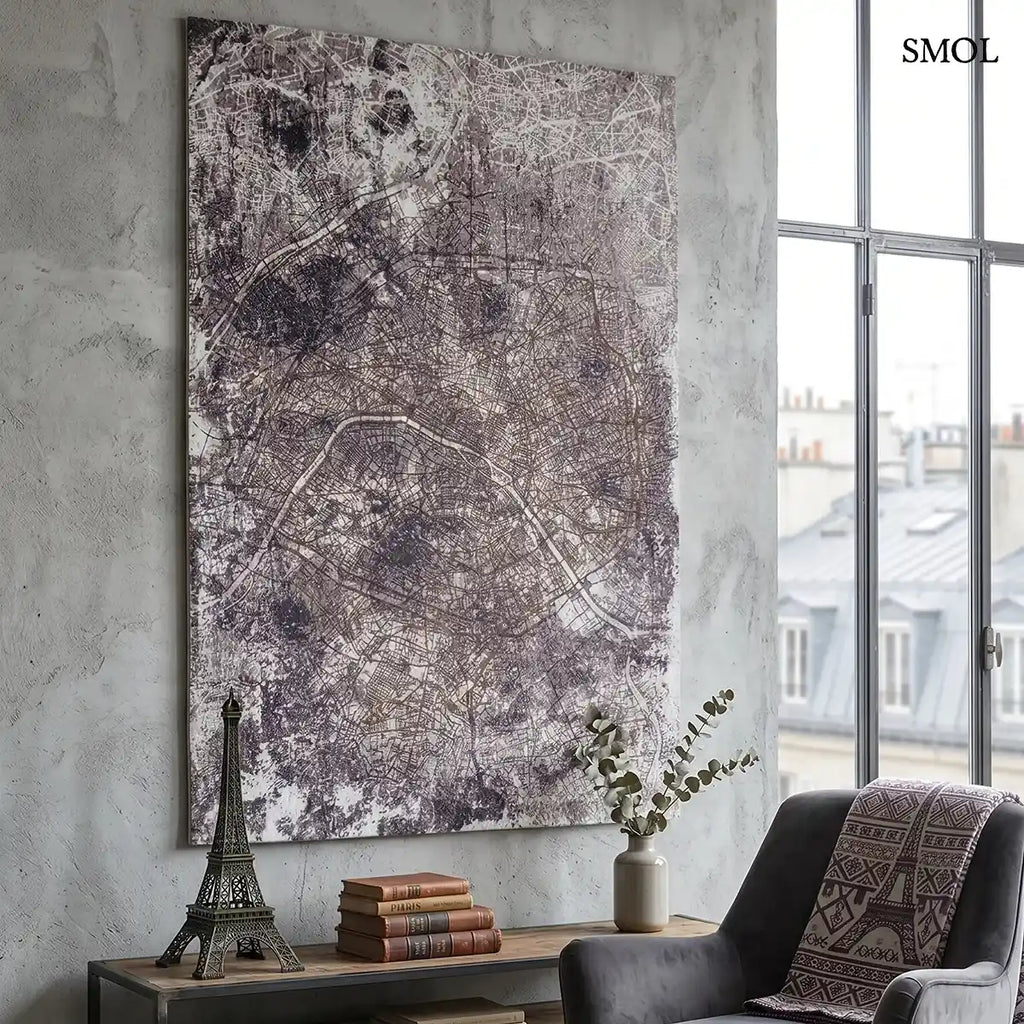 ECO RUG SPACE TRIP párizsi térkép mintás szőnyeg szürke-bézs kombinációban, absztrakt városkép, falon