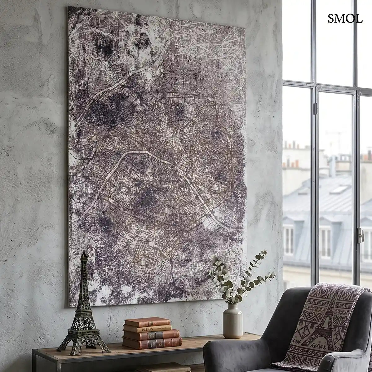 ECO RUG SPACE TRIP párizsi térkép mintás szőnyeg szürke-bézs kombinációban, absztrakt városkép, falon