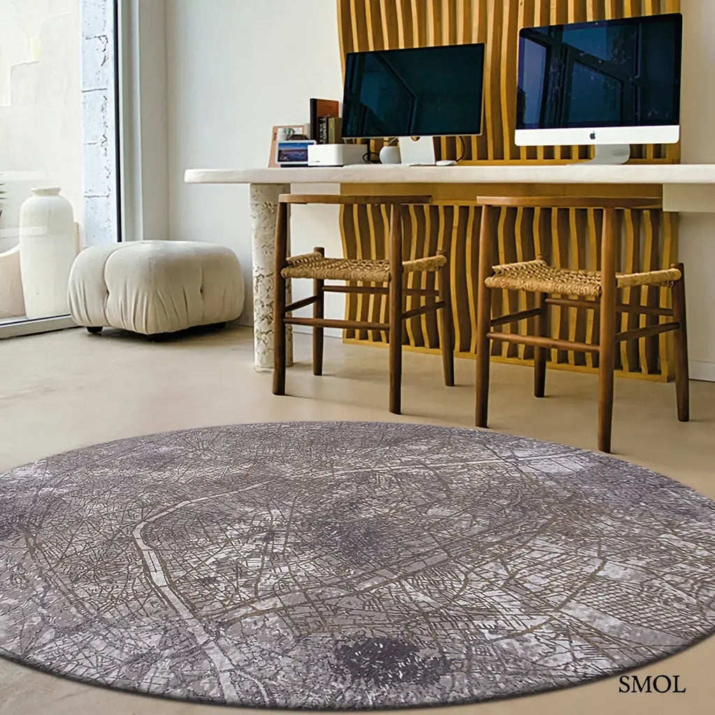 ECO RUG SPACE TRIP párizsi térkép mintás szőnyeg szürke-bézs kombinációban, absztrakt városkép, kerek formában, számítógéppel